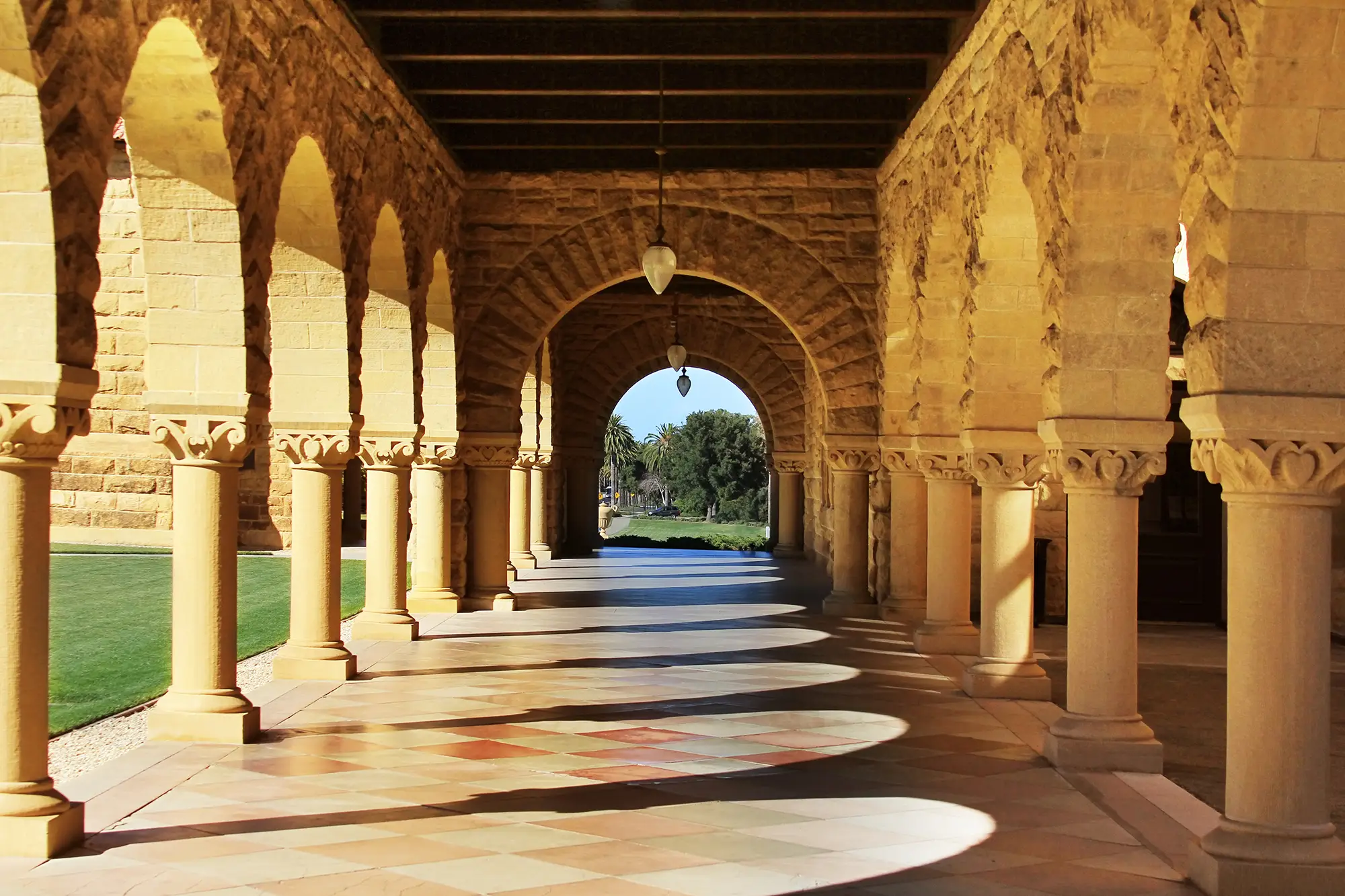 Stanford quad arches with sun and shadows
