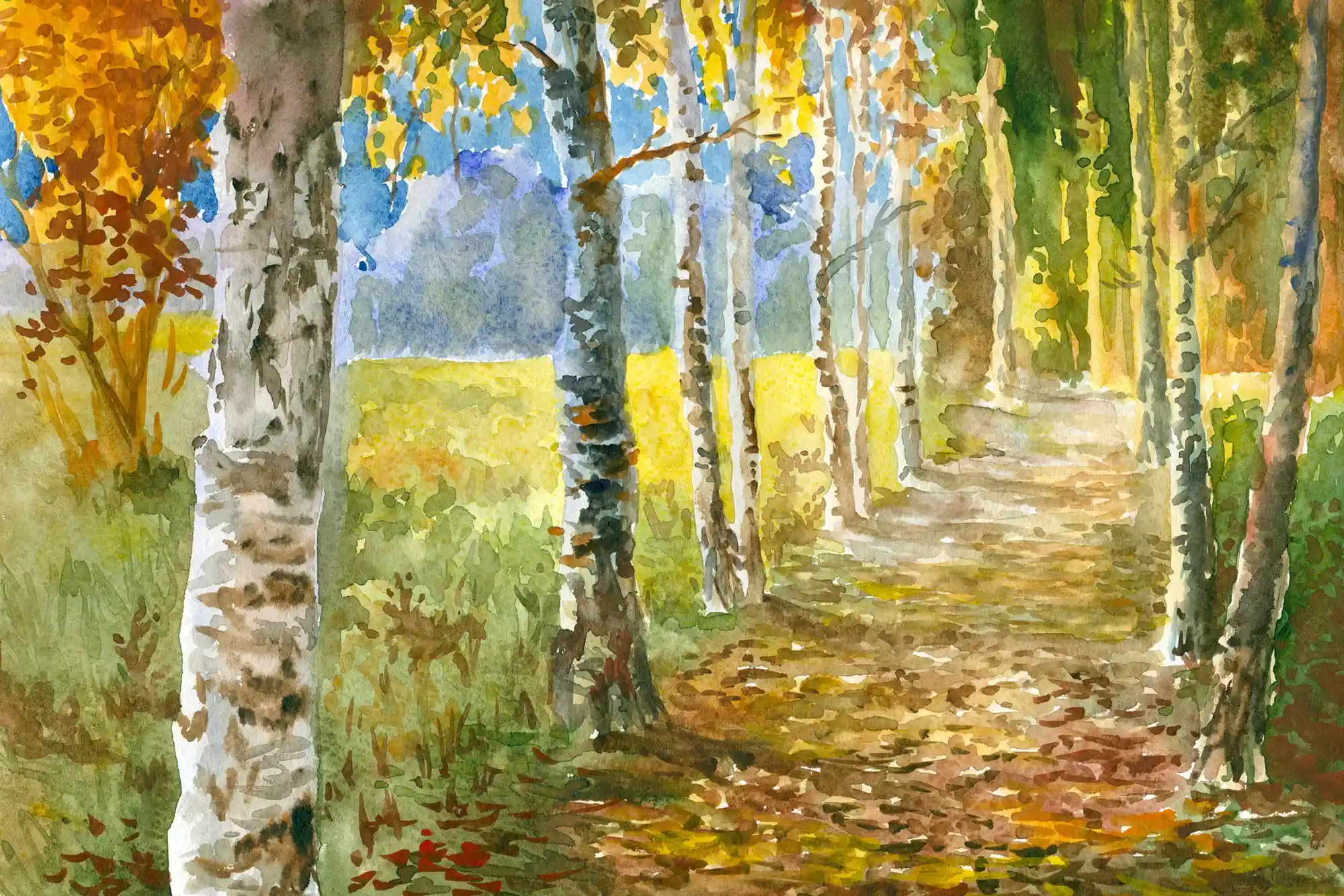 Scenic watercolor painting of a forest path surrounded by lush green trees and colorful foliage.