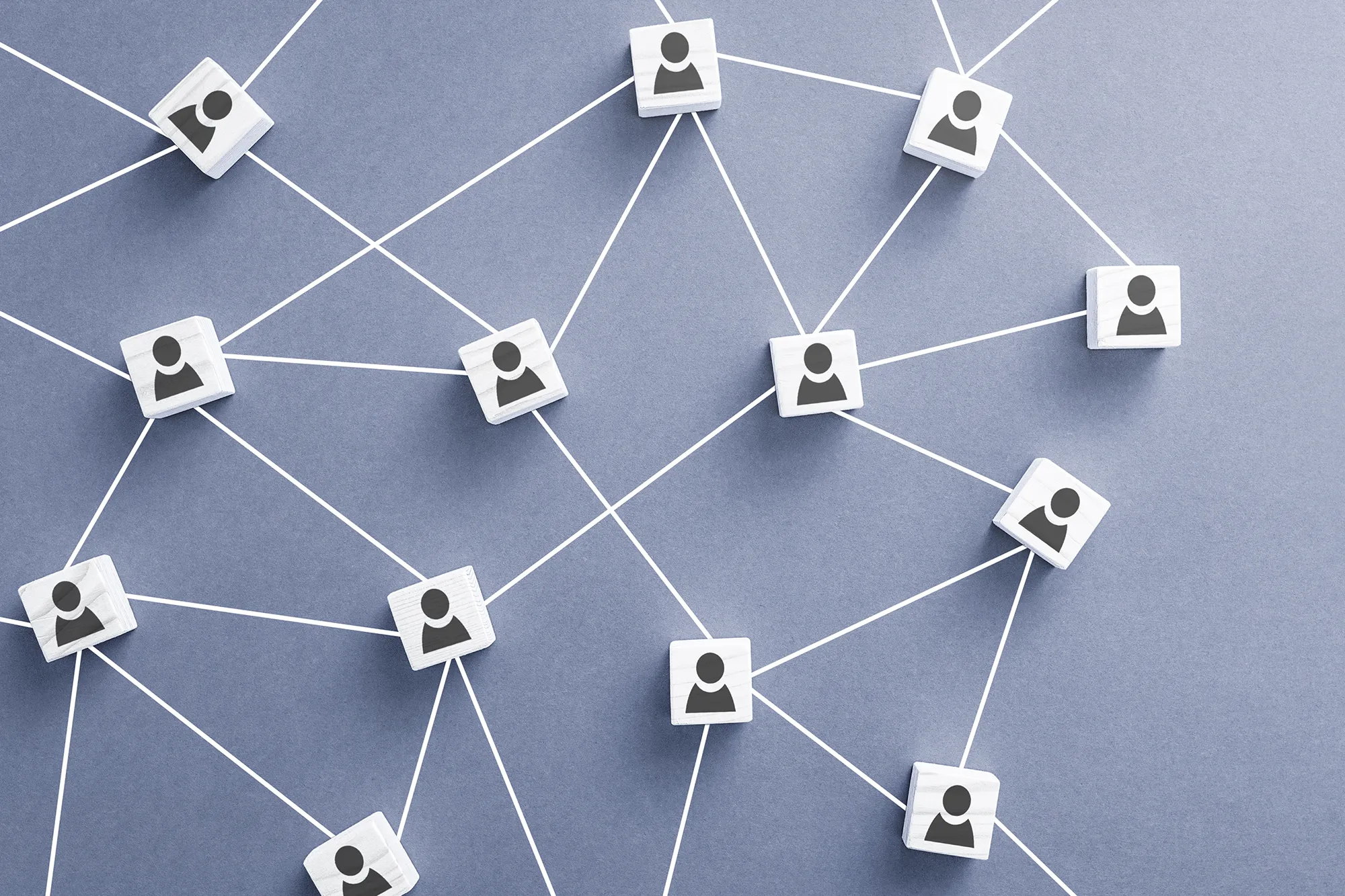 Wooden blocks with person icons connected by lines on a blue background, symbolizing professional networking.