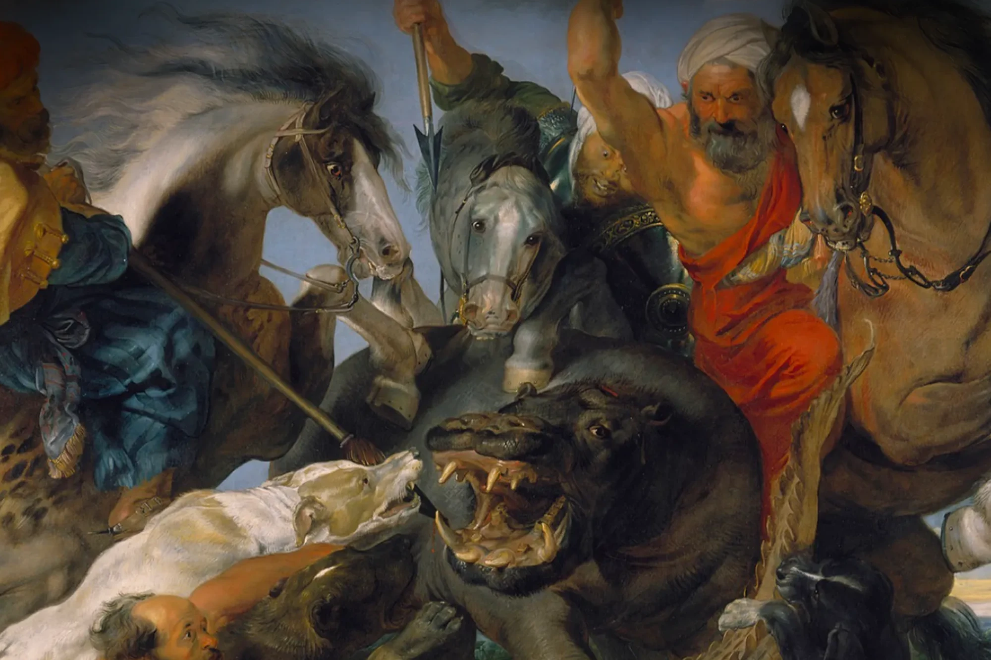 A dramatic Baroque painting depicting men on horseback engaged in a fierce hunt with a hippopotamus and crocodile, filled with motion, tension, and vivid color.