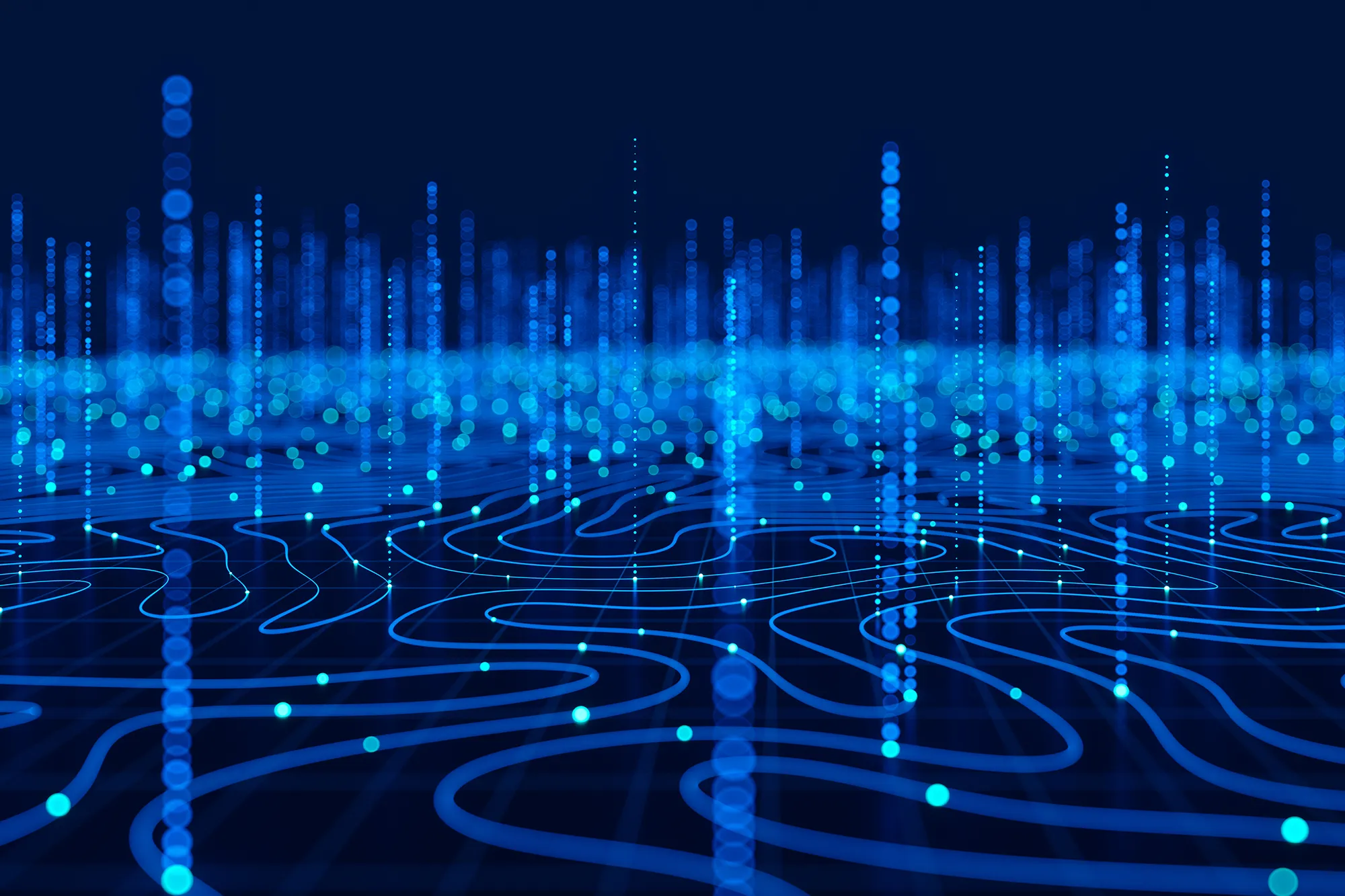 Abstract digital landscape made up of glowing blue dots and contour lines representing data flow and network connections against a dark background.