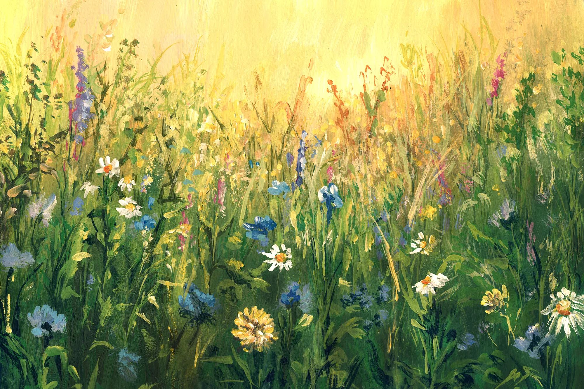 Impressionistic painting of a sunlit meadow filled with wildflowers in greens, yellows, and blues, representing creativity and artistic expression.