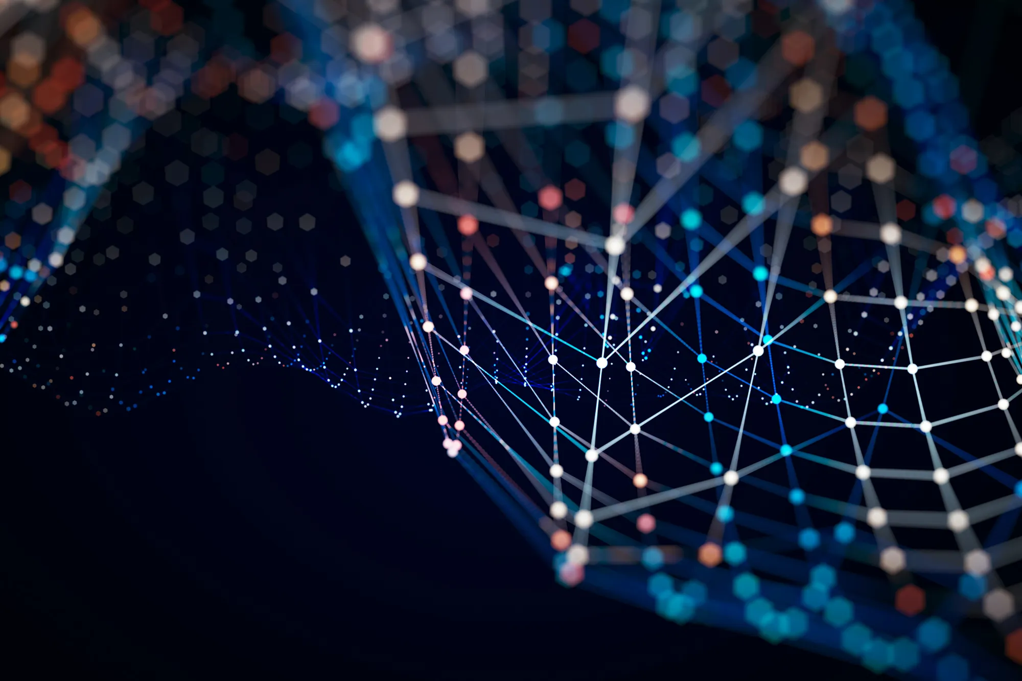 Abstract digital visualization of interconnected nodes and lines forming a data network, illustrating technology, analytics, and data science concepts.
