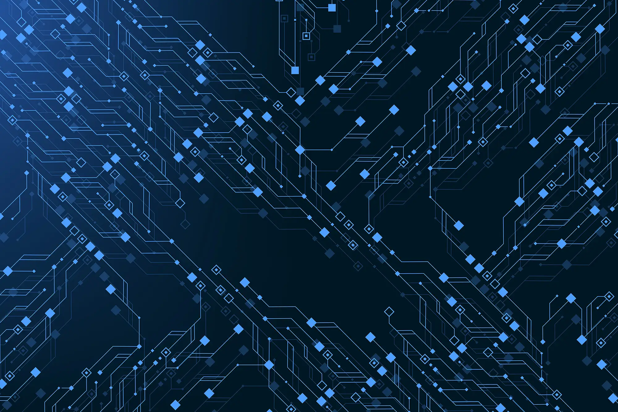 A digital illustration of a complex blue circuit board pattern with glowing nodes and interconnecting lines, representing high-tech data processing and connectivity.