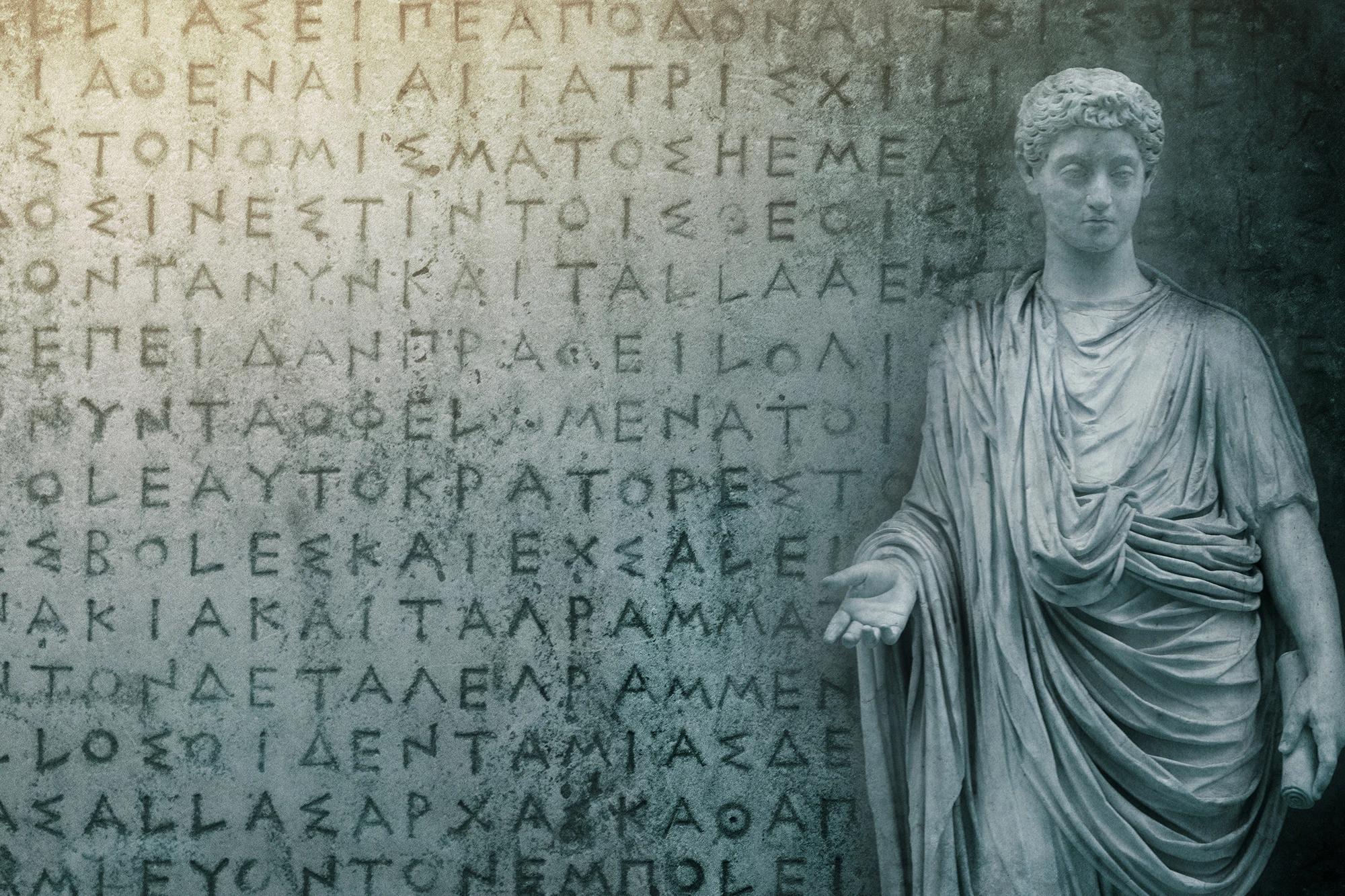 Classical robed statue standing before a wall inscribed with ancient Greek text.