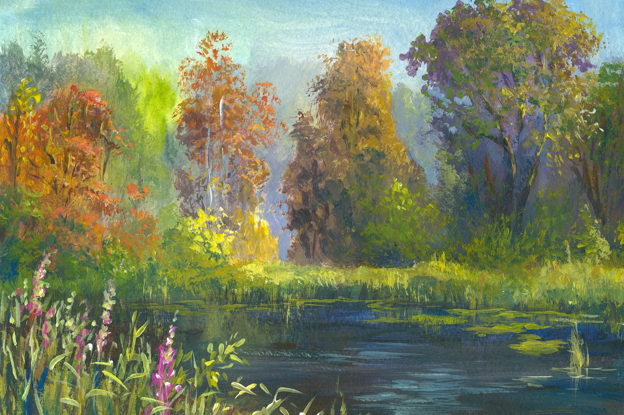 Colorful painted landscape of trees and wildflowers surrounding a reflective pond.