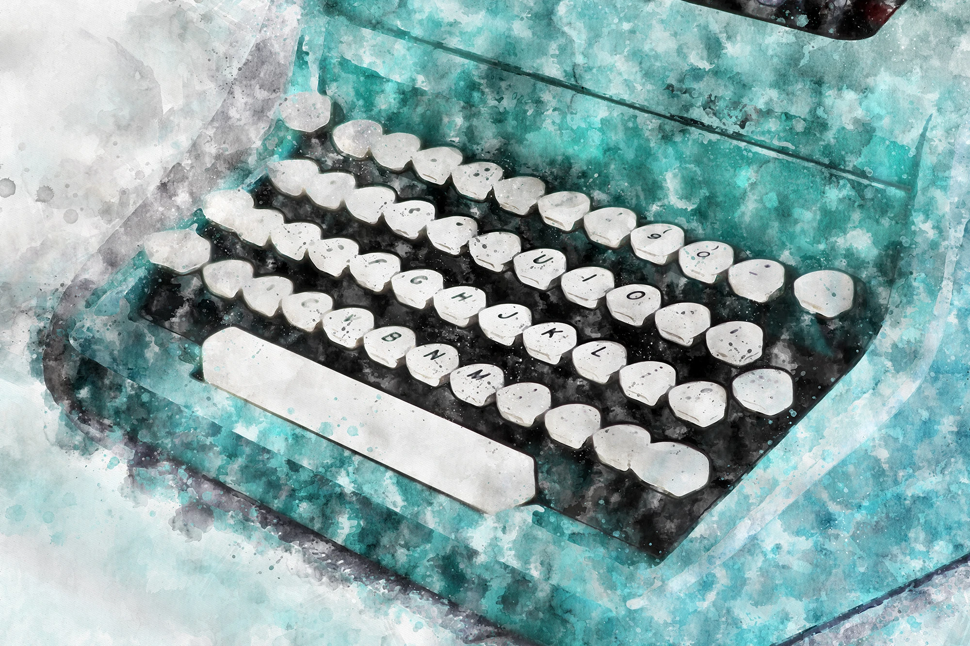 Watercolor illustration of a vintage typewriter with white keys and a teal body.