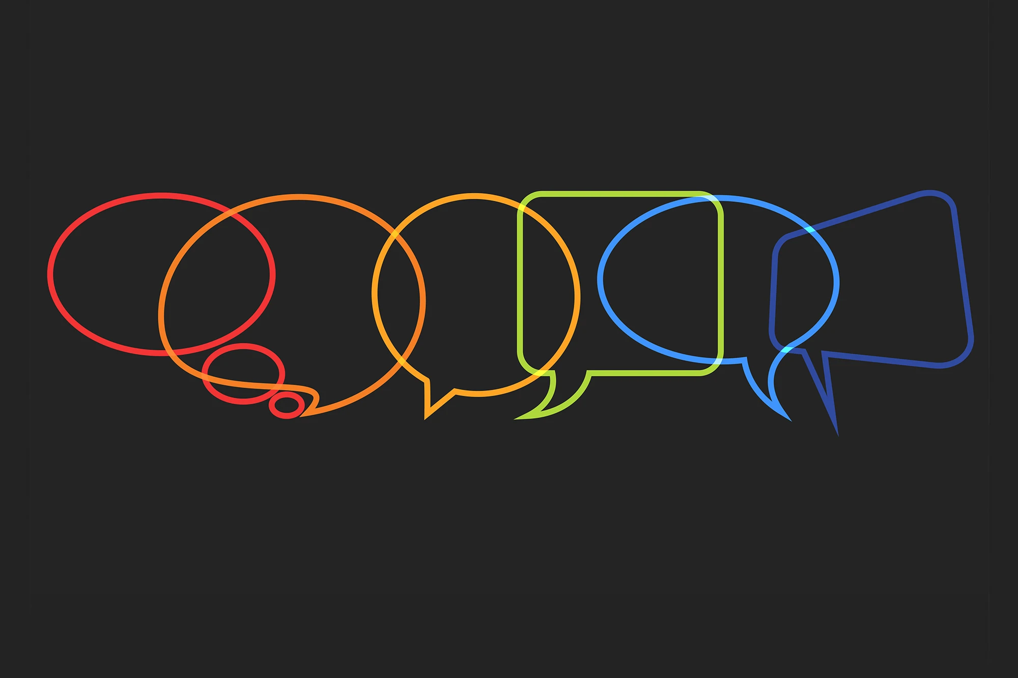 Overlapping red, orange, green and blue speech-bubble outlines on a dark background.