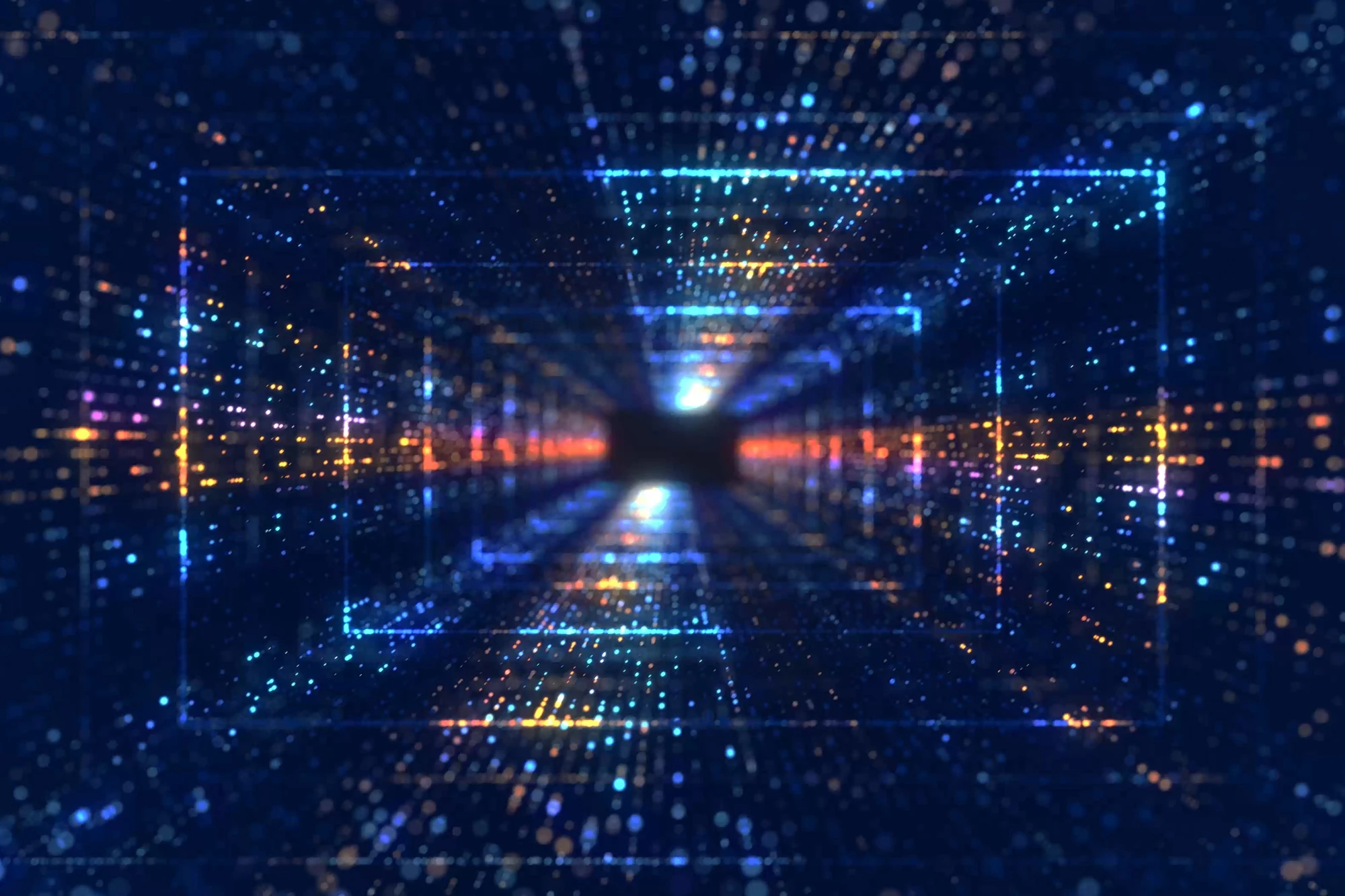 Abstract digital tunnel formed by glowing blue and orange data points and rectangular grids.